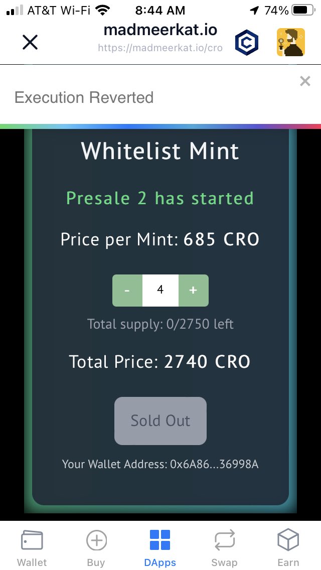crypto_grillo's tweet photo. @MadMeerkatNFT I was in the presale early. I hit the button a second after it turned to mint. My transactions reverted twice and I got nothing. https://t.co/U1RGOaGSDj