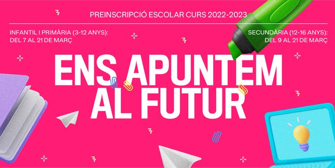 📣Atenció Famílies
👨‍👩‍👧‍👧Demà comença el període de preinscripció escolar a educació infantil i primària.

🗓️Presentació de sol·licituds: del 7 al 21 de març

ℹ️ Trobareu tota la informació als webs
🔗edubcn.cat 
🔗preinscripcio.gencat.cat 

A #BCN #EnsApuntemalFutur