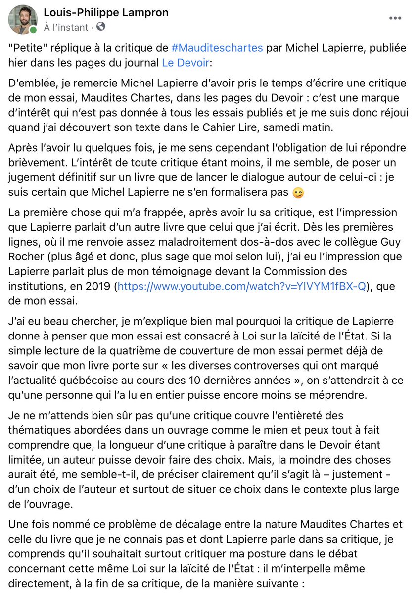 LouisPLampron's tweet image. "Petite" réplique à la critique de #Mauditeschartes par Michel Lapierre, publiée hier dans les pages du journal @LeDevoir :

facebook.com/louisphilippe.…

#polqc #chartes #droitsetlibertés