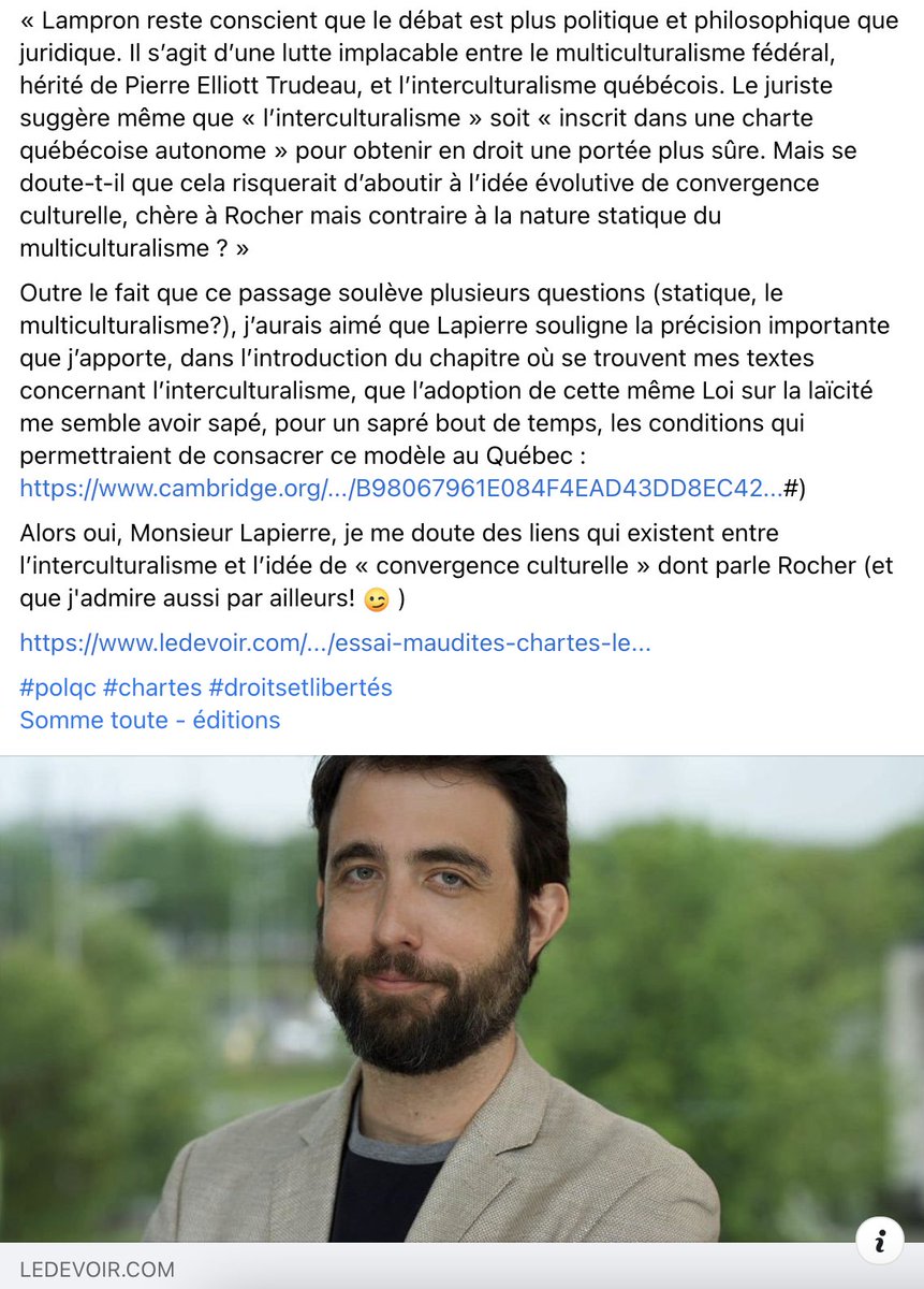 LouisPLampron's tweet image. "Petite" réplique à la critique de #Mauditeschartes par Michel Lapierre, publiée hier dans les pages du journal @LeDevoir :

facebook.com/louisphilippe.…

#polqc #chartes #droitsetlibertés