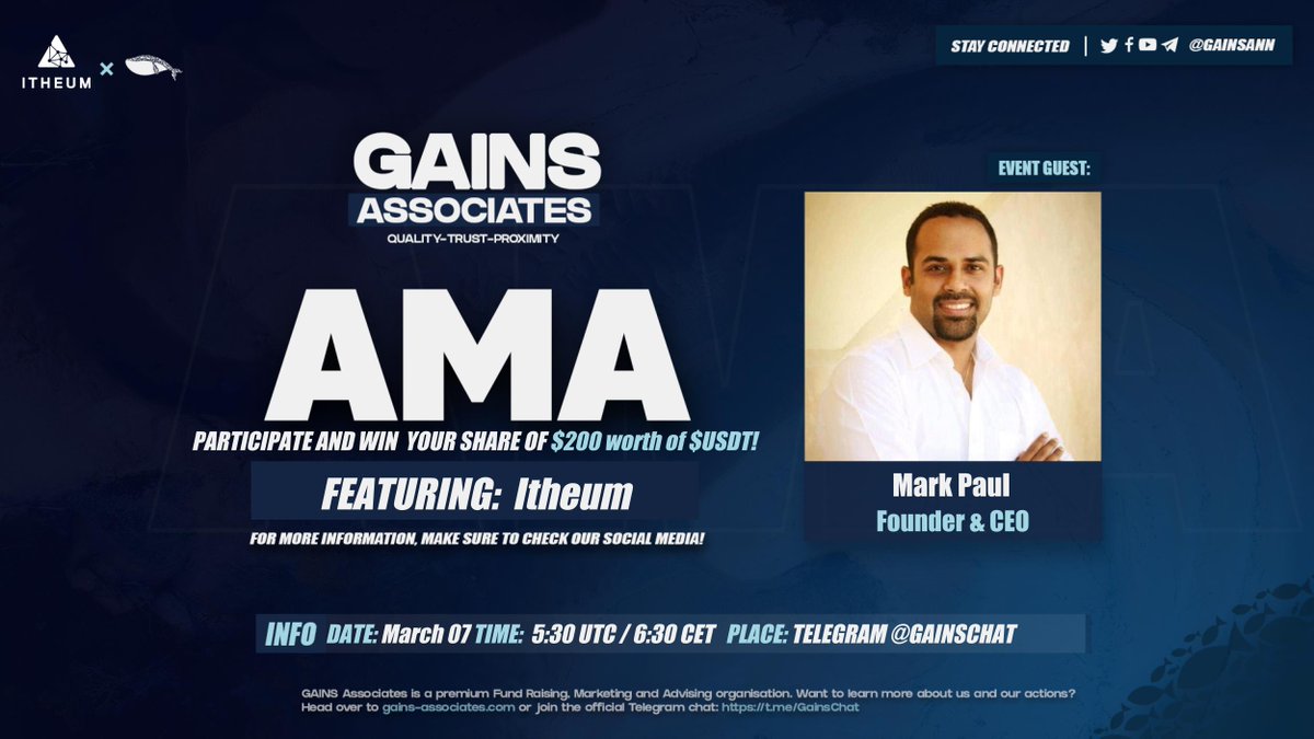 GainsAssociates's tweet photo. Welcoming Mark from @itheum —QUIZ &amp; AMA

Ask questions below and on Telegram (https://t.co/DcmemHrUYp) on 07-03-2022 at 5:30 UTC for a chance to win your share of $200 worth of $USDT

In order to win, RT this message &amp; follow 
@itheum 

#GainsAMA https://t.co/guSWgtKbRD