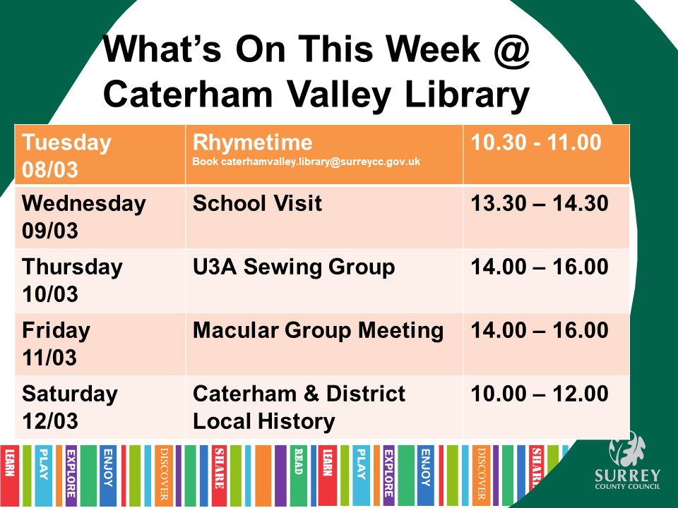 CaterhamLibs's tweet photo. Another busy week at the Library What would you like to join?
#LoveYourLibrary #LoveToLearn
#Rhymetime #SchoolLibraryVisit #SewingGroup #MacularSupport #LocalHistory https://t.co/HDGMT47lrW