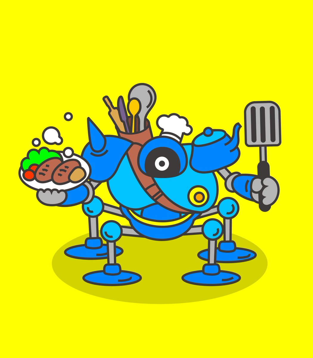 no humans yellow background food holding robot simple background chef hat  illustration images
