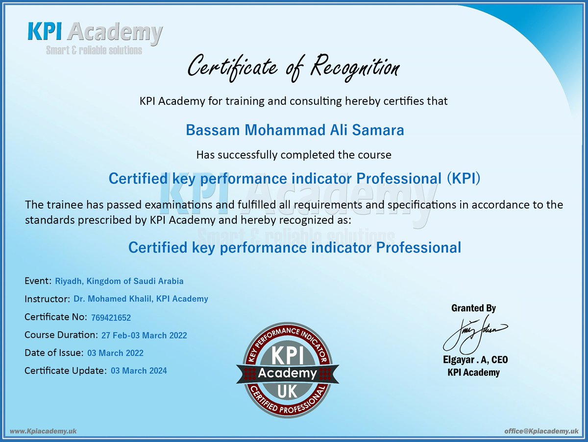 AcademyKpi's tweet image. Congratulation
Dr. Bassam M. Samara

#KPI
#KPIP
#Riyadh
#مؤشرات_قياس_الأداء
#kpiacademy