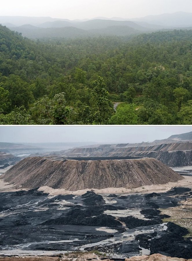 Proposed coalfield area in #HasdeoArand area Chhatisgarh ,#India🇮🇳 on top & below is Parsa-east coal mine operated by #Adani. 

Can country afford to distroy this NaturalHeritage to earn profits by commercial #coal mining by private coal miners?  

#SaveHasdeo @bhupeshbaghel