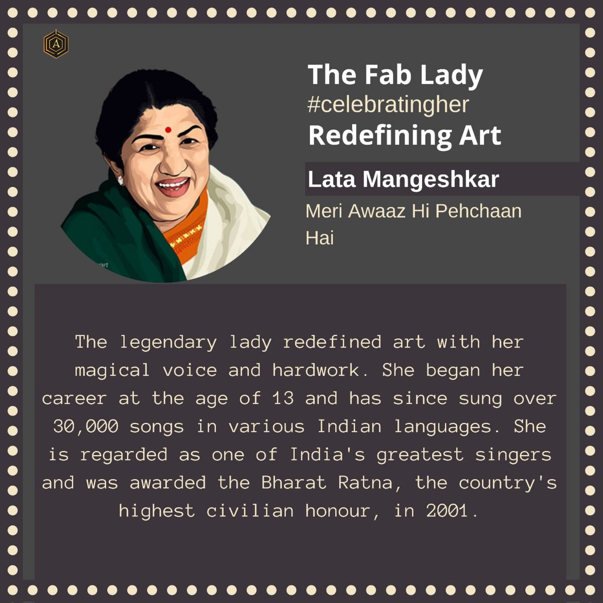 aristavault's tweet photo. βI missed out on my childhood. I had to work hard, but I was immediately given a place in playback.β
~Lata Mangeshkar
.
The Fab Lady,
story 2
#redefiningart
.
More stories to come.
Stay tuned and follow @aristavault
#aristavault #fablady #celebratingher #InternationalWomensDay https://t.co/XZfOYqSdse