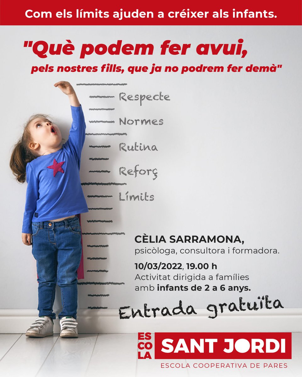 IESANTJORDI's tweet photo. Xerrada dirigida a famílies amb infants de 2 a 6 anys a càrrec de la Cèlia Sarramona.
🗓  Dijous 10 de març 
⏰ A les 19.00
📍 Escola Sant Jordi (Vilassar de Dalt)
📢 Entrada gratuïta https://t.co/njU4MzG2Ws