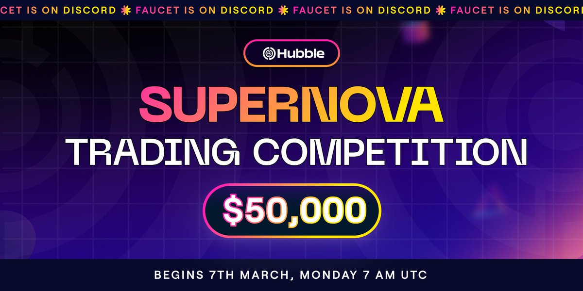 HubbleExchange's tweet image. Announcing Supernova - the Trading Competition you have all been waiting for! 

🏆 $50,000 in Prizes 
⏰ Lasts 2 weeks 
🚦 Ignition Begins 7 March 7AM UTC Monday 
🚀 Competition Begins once the liquidity threshold is met.

Retweet + Follow @HubbleExchange 20 HSC to be given away