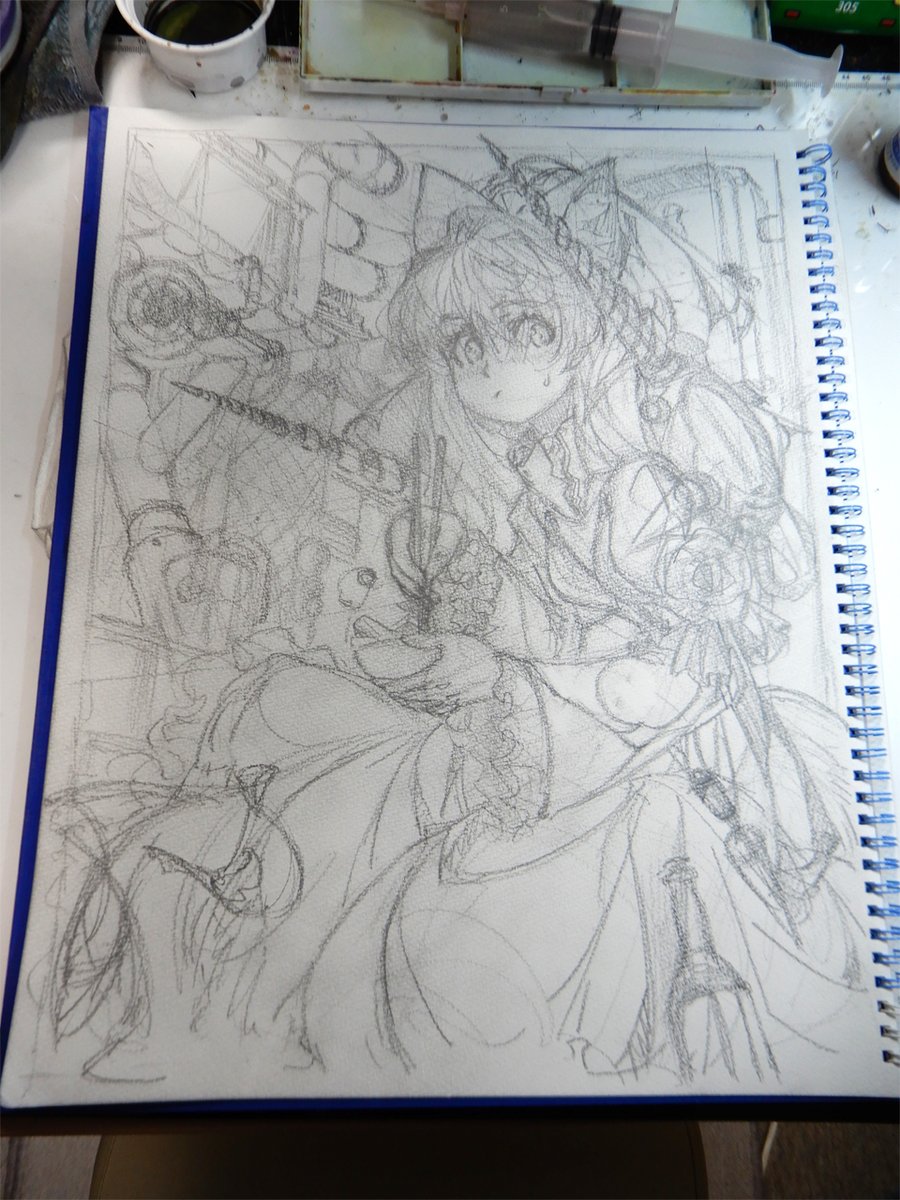 A3の線画。ちょっとこれは描き方と紙が合ってない気がする…。この紙にこのペンで描くなら、触れる程度の筆圧の方がよさそう。 