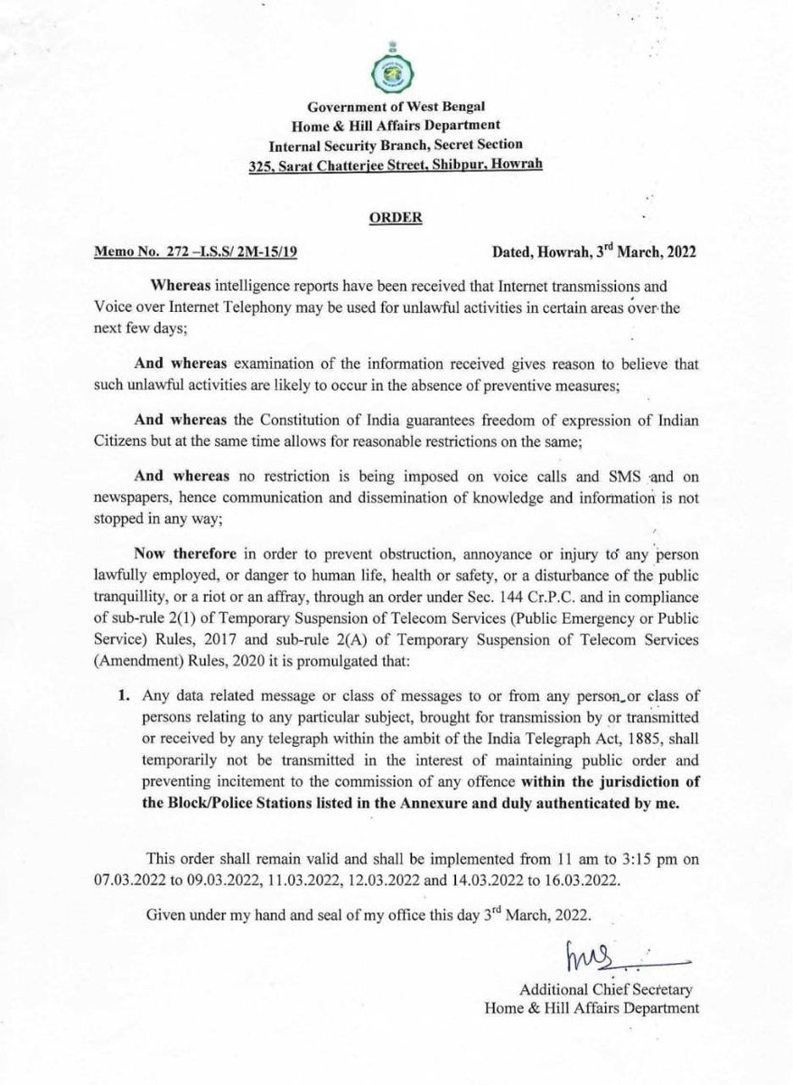 LPaushali's tweet photo. Govt. of West Bengal has declared temporary suspension of Mobile Internet and broadband services in some district to prevent unlawful activities.This order shall implemented from 11 am to 3:15 pm on 7/3/2022 - 9/3/2022, 11/3/2022,12/3/2022 and 14/3/2022 - 16/3/2022.
#westbengal https://t.co/APGd37lt5f