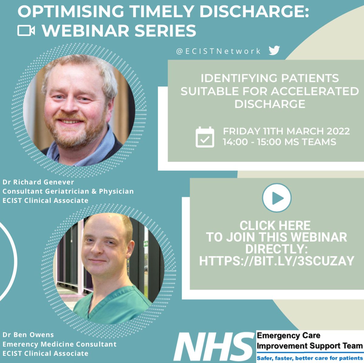ECISTNetwork's tweet photo. We continue our Optimising Timely Discharge webinar series this week with @DrGenever
and @EmergMedCons who will be discussing how we can identify patients who are suitable for accelerated discharge.
Fri. 11th Mar
14:00
https://t.co/3CMTVljepu https://t.co/NyM4t3Rrx4
