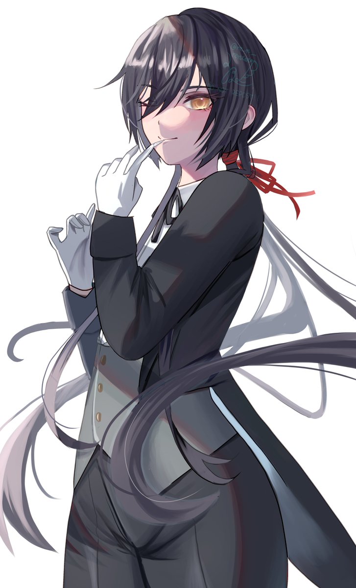 1girl glove biting butler gloves long hair solo black hair  illustration images