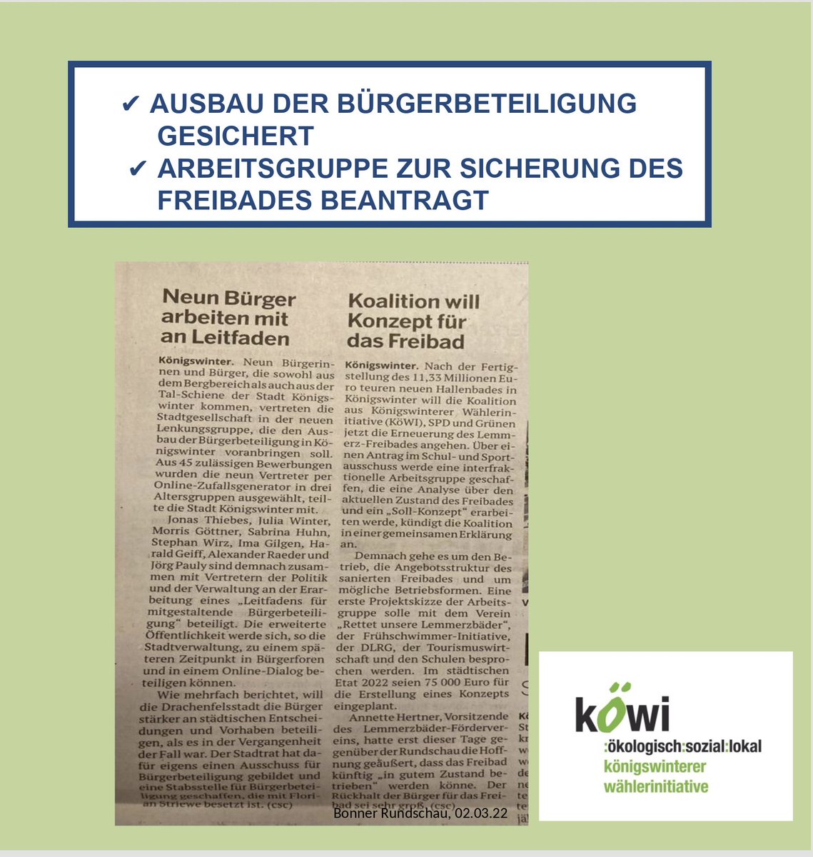 koewi_online's tweet photo. Ausbau der Bürgerbeteiligung durch neue Lenkunsgruppe gesichert.
 Das Konzept der Köwis zum Ausbau der Bürgerbeteiligung in Königswinter wird umgesetzt. Die neue Lenkungsgruppe steht. Die Sicherung des Freibades wird auf den Weg gebracht. https://t.co/BZtPWVg4rz