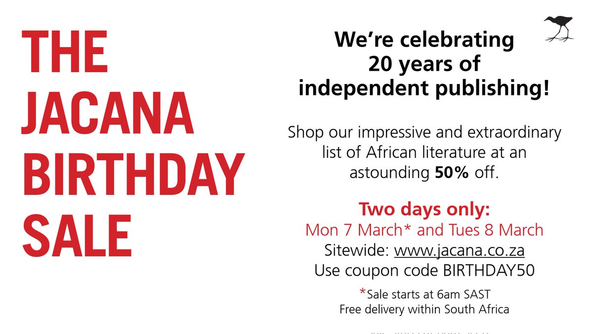JacanaMedia's tweet photo. Just 18 hours to go to buy #BestsellingBooks #PredatorPolitics #SmallThings #Coconut #ThoseWhoLiveInCages and many more must-reads at the #JacanaBirthdaySale at an astounding 50% off and #FreeDelivery within SA. See you tomorrow, 6am sharp
Shop at https://t.co/ObDxKP5bum https://t.co/q3zkvEhVpY