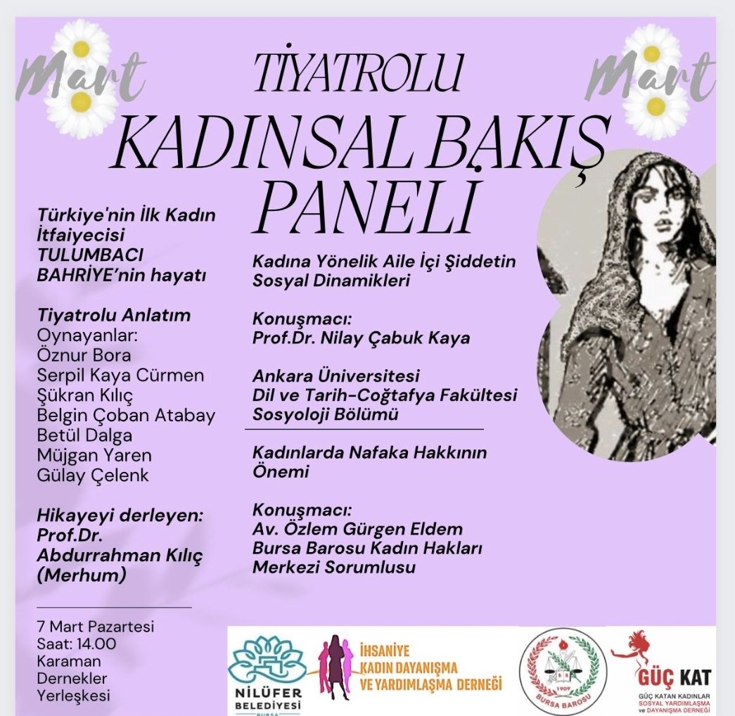 Yangında hortum tutan ilk kadın itfaiyeci Tulumbacı Bahriye’nin,Prof.Dr.Abdurrahman Kılıç tarafından derlenen yaşam öyküsü; 7 Mart’ta Bursa Karaman Dernekler Sahnesinde sergilenecektir.
#kadınlargünü #tulumbacıbahriye  #ilkkadınitfaiyeci #itfaiyeci #abdurrahmankilic  <a href="/NiluferBel/">Nilüfer Belediyesi</a>