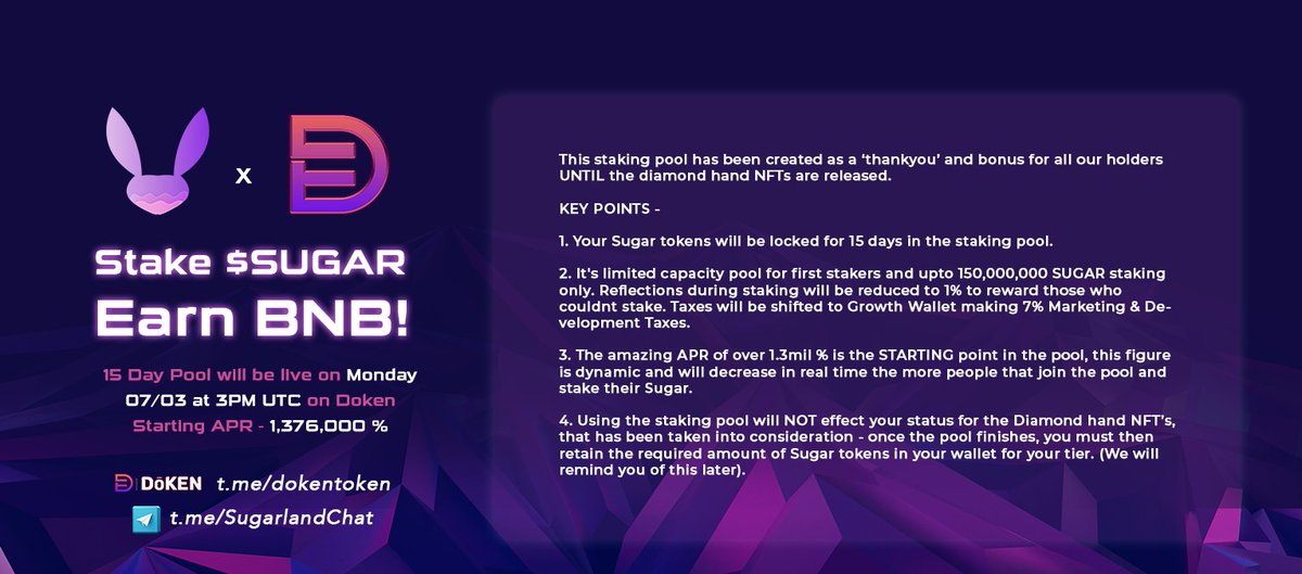 SugarLandCoin's tweet image. 📢🥳 NEWS you've all been waiting for -
Our 15-day staking pool with @DoKenToken goes live on Monday, March 7th at 3pm UTC !!

💥Starting APR 1,376,000% - set reminders ⏰ #Sugarfam you don't wanna miss this!

#Staking #BSCGem #NFTs #Metaverse