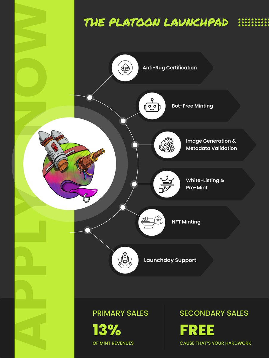 APPLY NOW... airtable.com/shrQTY22nmcj72…

To the most awesome &amp; cool #Solana Launchpad, that curates your Tech needs and serves accordingly.

Get your project verified by us...your team doxxed by us &amp; receive the much coveted #PlatoonStamp 

#NFTs #NFTLAUNCH #SolanaNFT #NFTCommunity