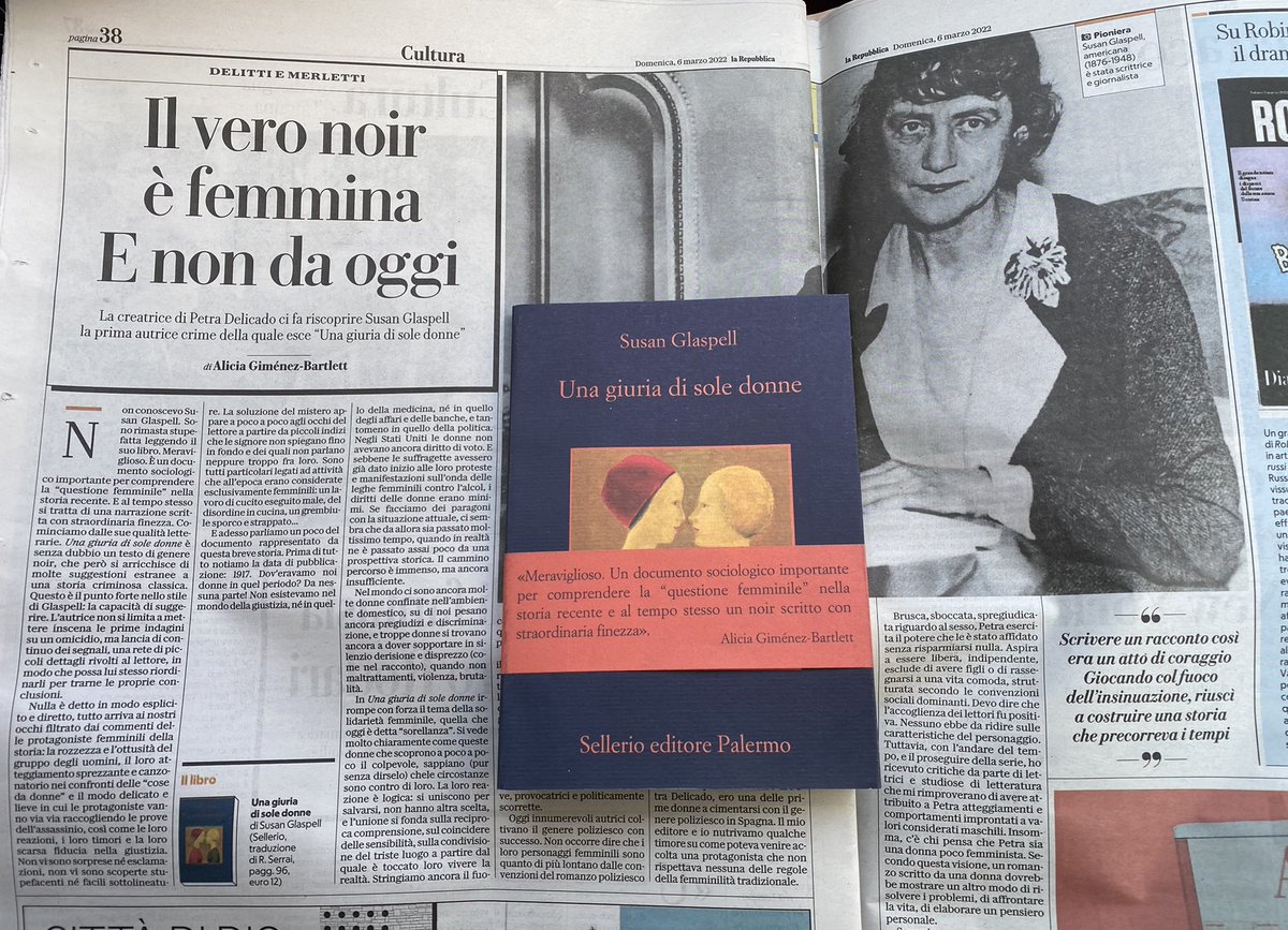 “Scrivere un racconto così era un atto di coraggio”. La copertina della cultura di <a href="/repubblica/">Repubblica</a> ospita la nota di Alicia Giménez-Bartlett che “ci fa riscoprire Susan #Glaspell, la prima autrice crime della quale esce #Unagiuriadisoledonne”. 
sellerio.it/it/catalogo/Un…