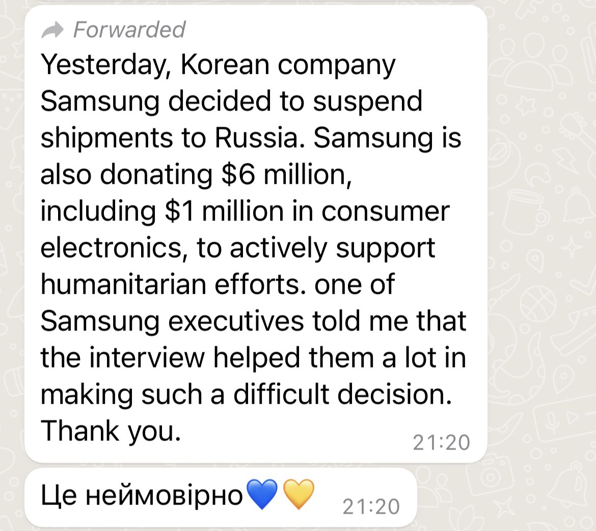 lesiavasylenko's tweet photo. Feedback like this from #SouthKorea and @Samsung motivates to keep working the international media on #Ukraine and ways people and private companies can stop #Russia killing Ukrainians. https://t.co/KYx6bdGvR4