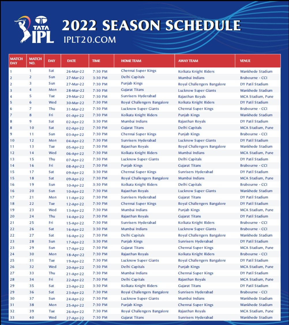 mufaddal_vohra's tweet photo. IPL 2022 complete schedule. https://t.co/1JIst5pzWC