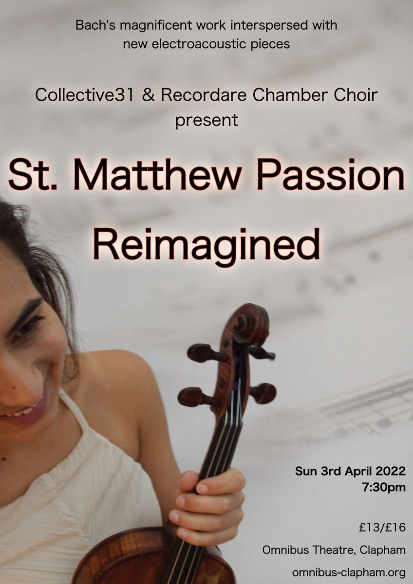St Matthew Passion Reimagined

3 April 2022
730pm

<a href="/OmnibusTheatre/">Omnibus Theatre</a> 

Don’t miss this much anticipated event that we have waited years to bring to you! C31 🤎