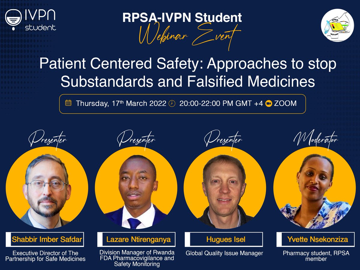 NiyonsengaEmm17's tweet photo. #Substandards and #Falsified drugs may be detrimental to a patient's health status. Don't miss a webinar: Patient centered safety: Approaches to stop substandard and falsified medicine ❌💊Register via the link��🏼: https://t.co/7cMfrSmLje We Are Life Savers @RwandaFDA @RwandaNPC https://t.co/ekTW2gum1K