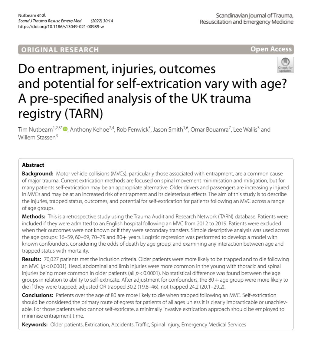 robfenwick's tweet image. Another piece of the “extrication puzzle”

Published yesterday in @SJTREM (so it’s free to download + digest)

In summary:
- older patients don’t do well
- get them out promptly
- ideally use self extrication

Thanks again @RoadSafetyTruUK for the support

sjtrem.biomedcentral.com/track/pdf/10.1…