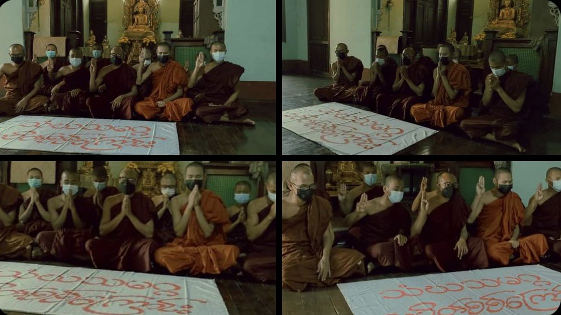 Treza992's tweet photo. Monks from Sangha Union of Mandalay demand for an immediate end to all of Burma's suffering. They also performed sermons &amp; prayed for federal democracy's development.   #MassacreInMyanmarByJunta #2022Mar6Coup #WhatsHappeningInMyanmar https://t.co/1OF4dNiYPn