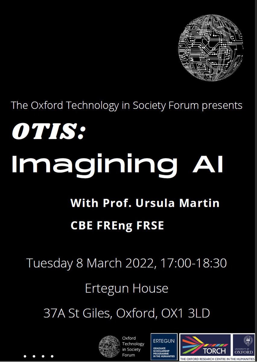 🚨Oxford Technology in Society Forum LAUNCH EVENT supported by <a href="/TORCHOxford/">TORCH Oxford</a> | Tue 8 March - 17.00

Ursula Martin <a href="/OxUniMaths/">Oxford Mathematics</a>: 'Imagining AI', a historical perspective on some key artificial intelligence imaginaries which have assumed salience over time

➡️intellectualhistory.web.ox.ac.uk/event/oxford-t…