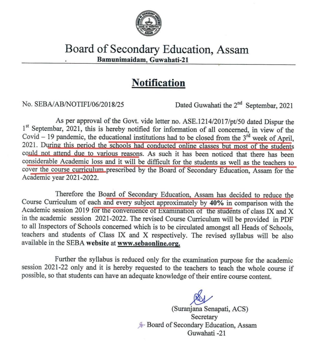 ActivistSukhpal's tweet photo. Board of Sec Edu, Assam #SEBA reduced syllabus by ~40% stating considerable academic loss, online classes issues. Haryana did ~30%.
Other boards ⁉️🤔
@CMOfficeAssam @CMOGuj @CMOMaharashtra
@anubha1812 @Architguptajii @abhishekbscllb @NidhiTanejaa @ThePradeepRawat @AIJNSA_official https://t.co/ZU37KKeC4C
