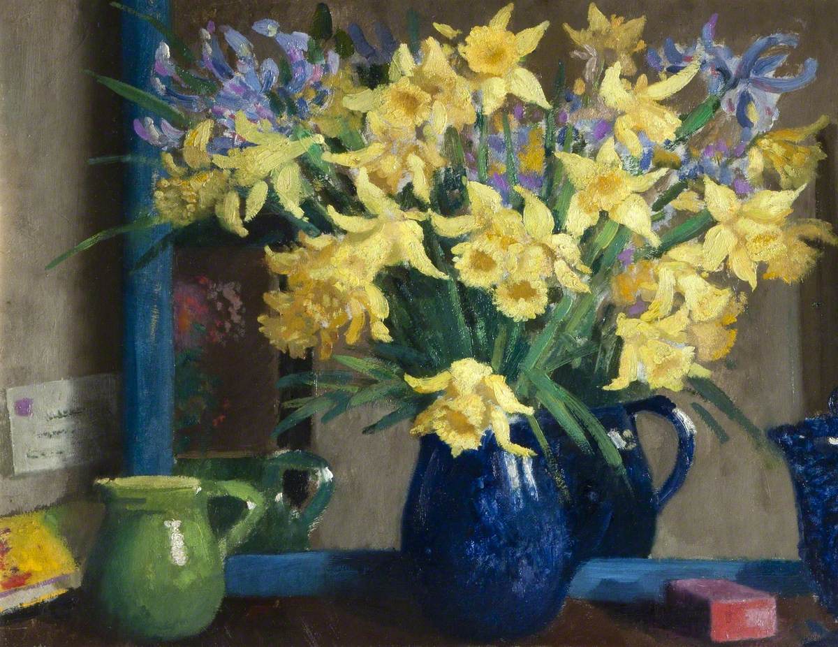 So cheering to see daffodils appear! This is Daffodils by County Armagh-born <a href="/BelfastSchArt/">Belfast School of Art</a> <a href="/NCAD_Dublin/">National College of Art & Design</a> &amp; <a href="/SladeSchool/">UCL Slade</a> trained, <a href="/RHAGallery/">RHA Gallery</a> President, <a href="/royalacademy/">Royal Academy</a> &amp; <a href="/RGIArt/">Royal Glasgow Inst.</a> exhibitor Thomas Sinton Sleator (1885-1950), oil on canvas, bequeathed to <a href="/Armagh_CoMuseum/">Armagh County Museum</a> in 1969.