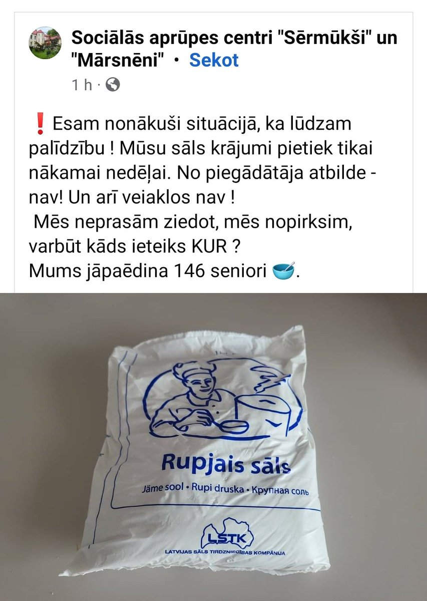 Šis ir tik ļoti nepareizi. Citi panikā izpirkuši sāli, tikmēr aprūpes centram senioriem jādomā, kur to tagad dabūt. 
Ko darīs tie, kas sapirkuši to sāls apjomu? Ēdīs ar karotēm? Riktīgi garšīgi izklausās.
