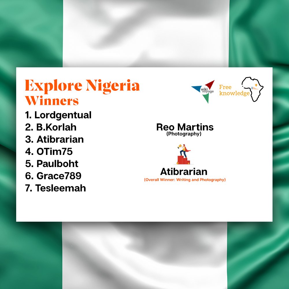 FreeKnowAfrica's tweet photo. Congratulations to the participants who emerged as winners in the recently concluded Explore Nigeria Contest.
We appreciate all the contestants and partners who made this great feat possible.
#explorenigeria #contest #wikivoyage #tourism https://t.co/aD4nVMKmL5