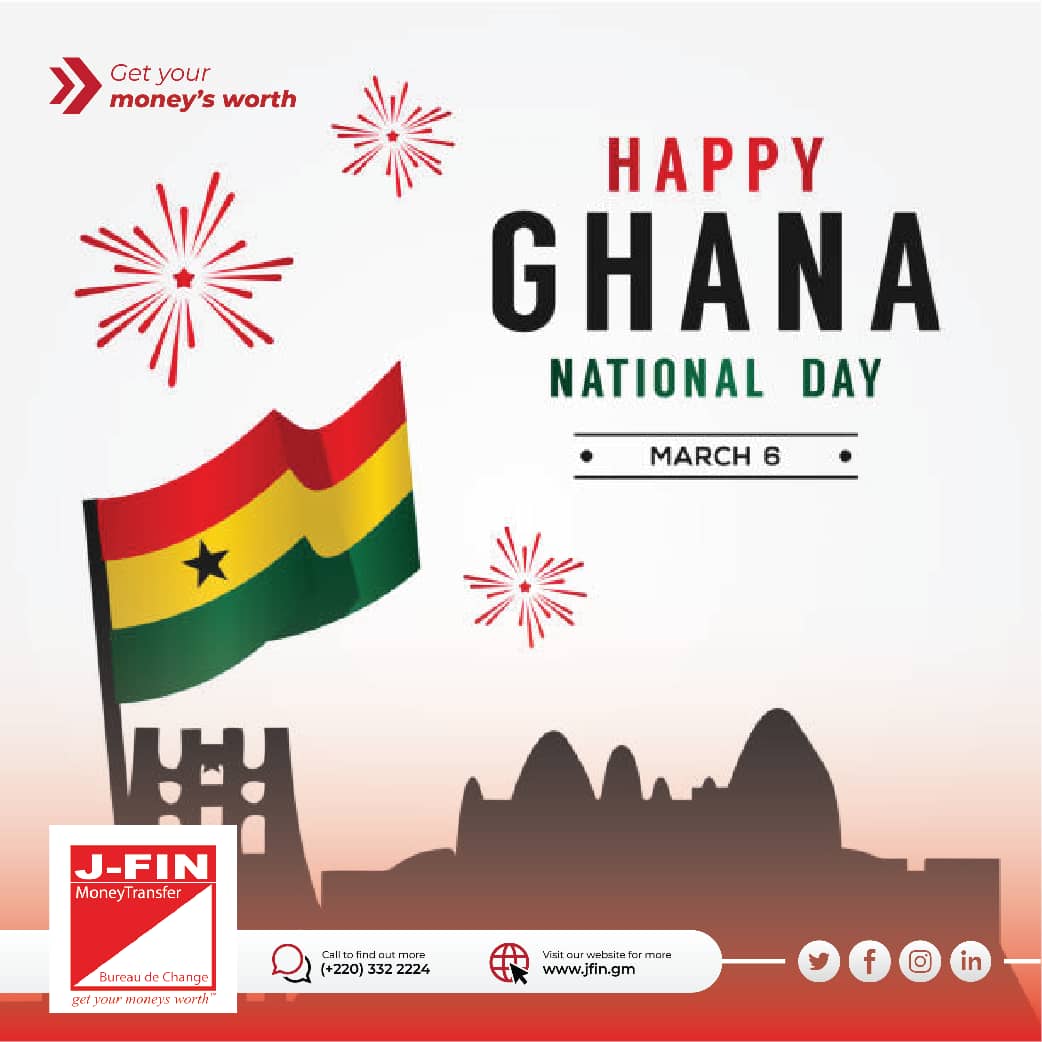 JFINTransfer's tweet image. We wish the great people of Ghana 🇬🇭 Happy Independence Day.

#JFIN 
#GhanaAt65 
#ghanaindependence🇬🇭