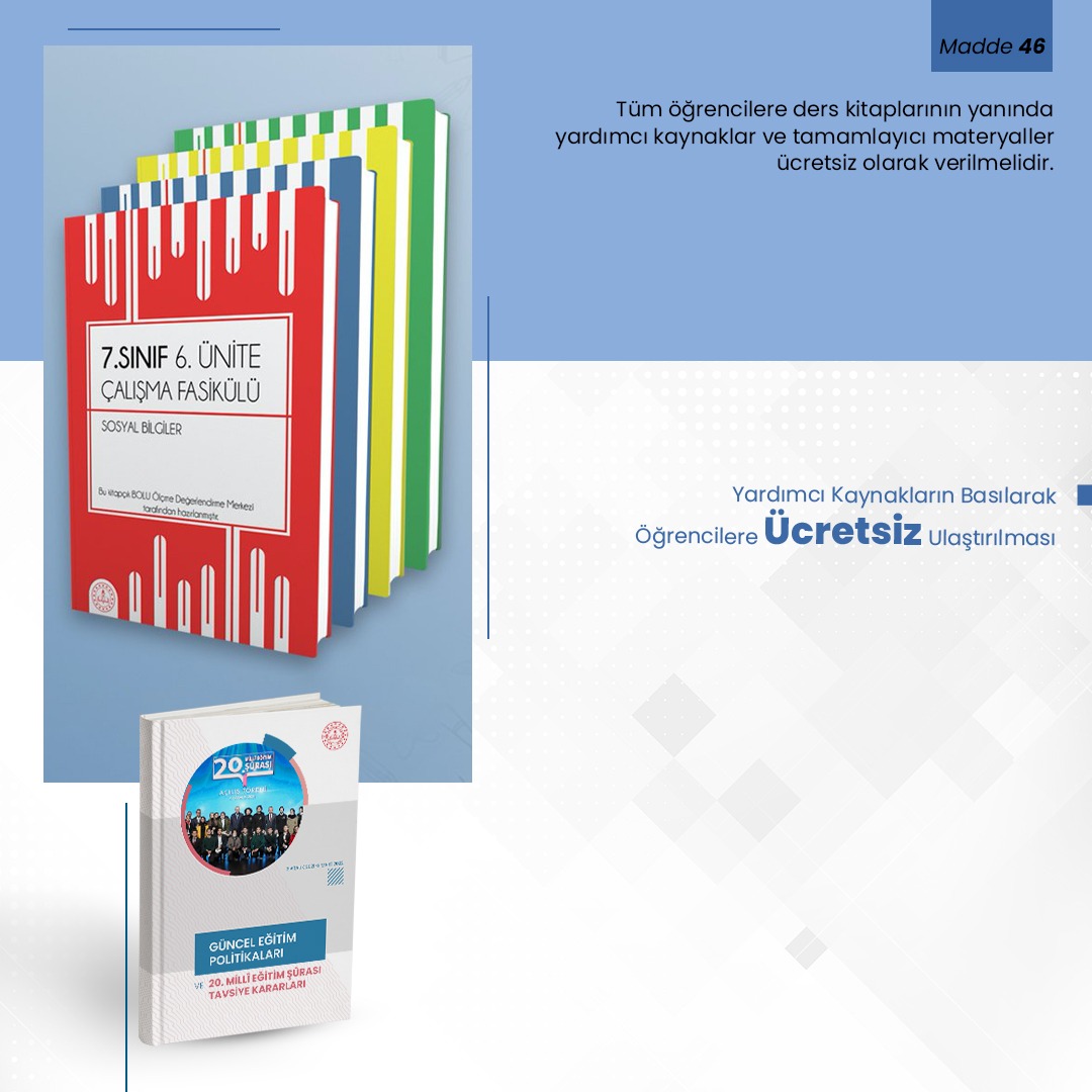 Güncel Eğitim Politikaları ve 20.Milli Eğitim Şûrası.
#EğitimdeOrtakAkıl
<a href="/tcmeb/">Millî Eğitim Bakanlığı</a>
<a href="/yilmaznazif/">Nazif Yılmaz</a>
<a href="/mahmutdemirttas/">Mahmut Demirtaş</a> 
✓Tüm Mesleki ve teknik okullarda ihtiyaç doğrultusunda ulusal ve uluslararası programların açılması. 
✓Tüm öğrencilere ders kitabı dışında kaynak kitap sağlanması.