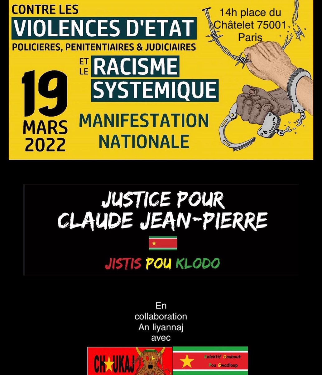 AlcabelardFatia's tweet image. On vous attends nombreux  , contre le racisme les violences policières pénitentiaires et judiciaires, contre les violences d’état !!!! #jistispouklodo #justicepourclaudejeanpierre #Guadeloupe #ViolencesPolicieres