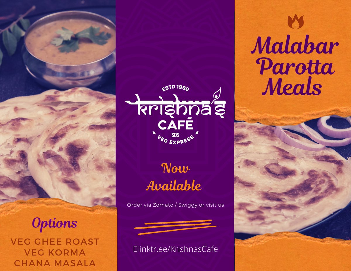 KrishnasCafe's tweet photo. We have added a scrumptious meal with 2 Malabari parathas and a choice of gravies between Veg Ghee Roast Masala/ Veg Korma or Chana Masala. Visit https://t.co/alP6bRO8Yr to order 

#krishnasCafe #malabar #parotta #southindian https://t.co/6JFoMIZIHY