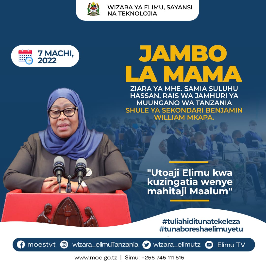 BWMkapa_school's tweet photo. Welcome Hon. Samia Suluhu Hassan President of Republic of Tanzania 🇹🇿 at Benjamin William Mkapa High School. https://t.co/vRkGihME5l