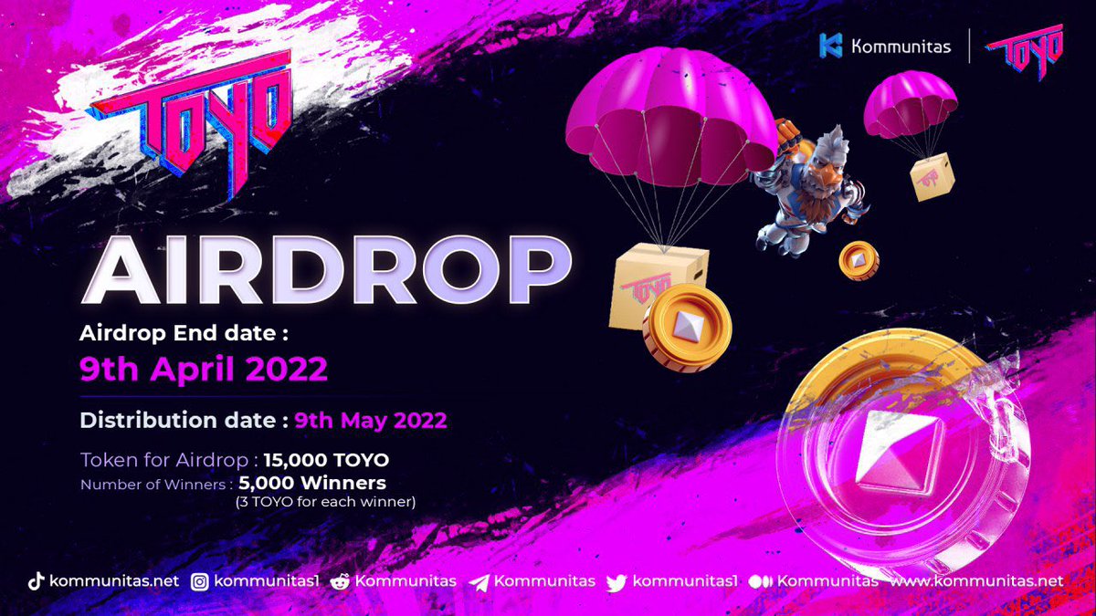 Hi, $KOMmunity!

🐼 We have organized an #Airdrop giveaway for @ToyoVerse 

🤩 We want to share 15,000 TOYO with 5,000 people!

💡This giveaway will end on 9th April 2022 and the distribution date will be on 9th May 2022

✨Join here giv.gg/adtv