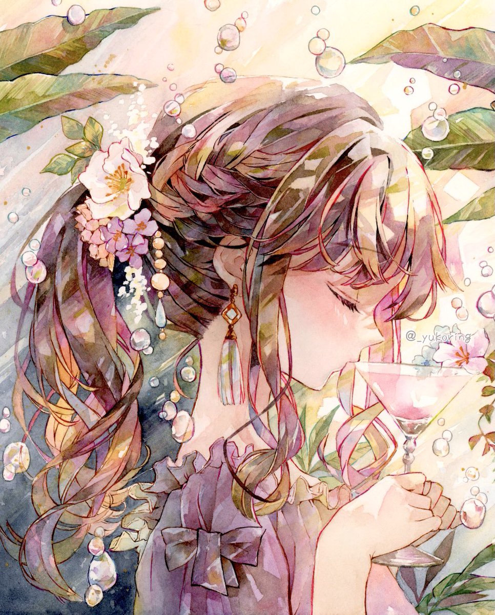 1girl solo flower earrings closed eyes hair flower jewelry  illustration images