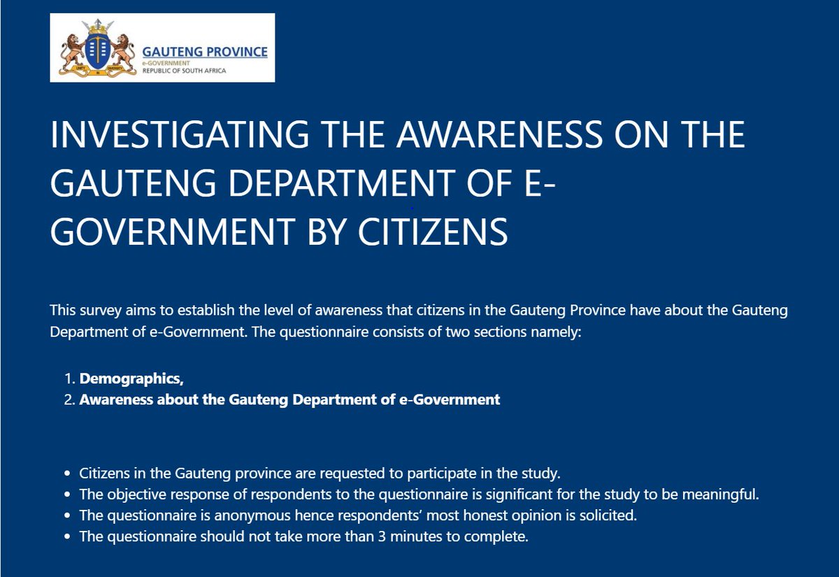 GautengeGov's tweet photo. We want to hear from you about how well you understand our role and #services.

The survey will end on March 11, 2022 - please submit your responses. 

To access the survey, click on this link: https://t.co/OrQ0KHekrB

#GrowingGautengTogether
#KnoweGov https://t.co/WCDW4G12w9