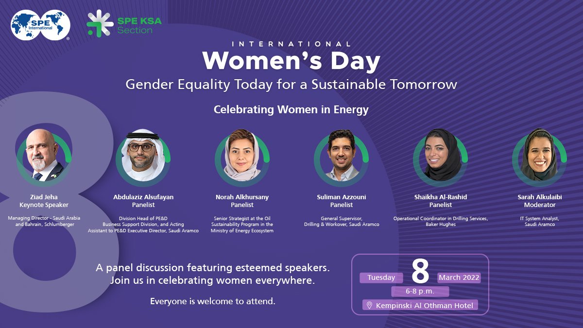 spe_ksa's tweet photo. Celebrating women in energy! We are pleased to host a panel discussion titled "Gender Equality Today for a Sustainable Tomorrow" ✨ Join us on March 8th! https://t.co/Dik824fstp https://t.co/UjU1znynTF