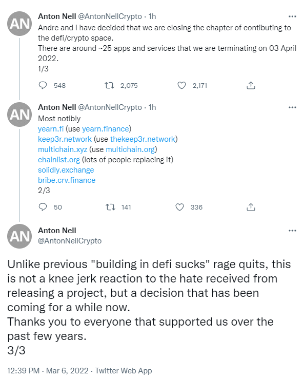 Birçok DeFi projesininin geliştiricisi Andre Cronje ve Anton Nell, DeFi ve kripto alanına katkı sağlamama kararı aldıklarını açıkladı. Cronje aynı zamanda Fantom'daki danışmanlığını da bırakmış görünüyor.

#bitcoin #ethereum #fantom #ftm