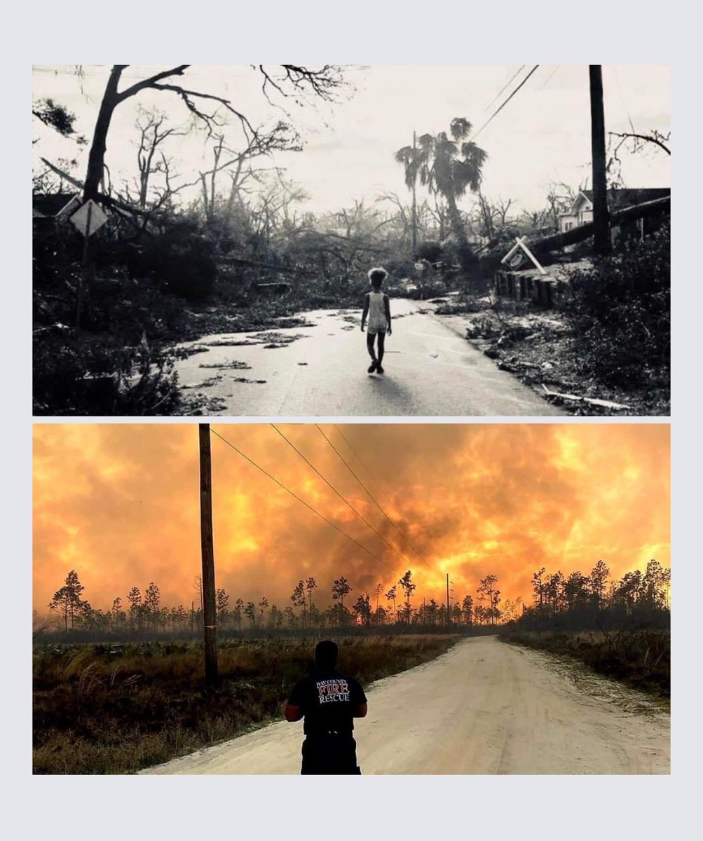 UnusualCrab's tweet photo. This is the same town. My town. 3 years apart. Cat 5 hurricane, and 5 wildfires burning acres and acres. Our town is hurting. #prayforbay https://t.co/ciFSSW2bOH