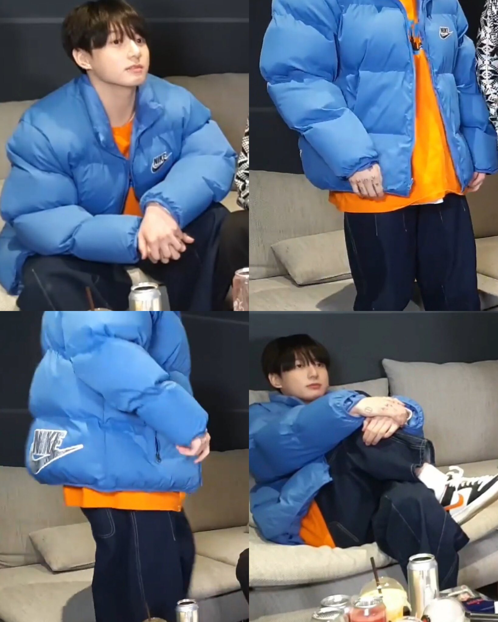 jungkook admirer₇ on X: trasher shirt, blue puffer jacket and sneakers  both from nike, large pants. jungkook is so stylish!   / X