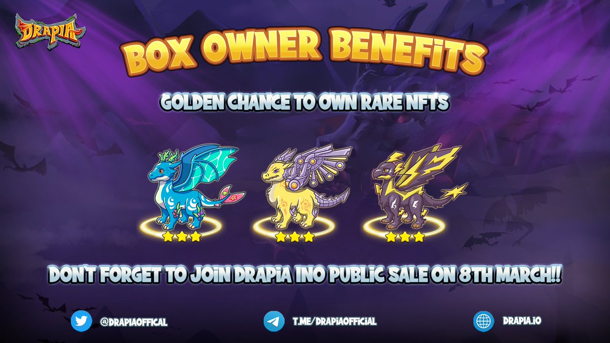 🎁 Box Owner Massive Benefits 🎁

Hey guys!

Remember Mystery Box? The one with super-duper huge benefits? 👀 Buy now to get 3-star Dragons - the rarest #NFTs in Drapia up to now 😍😍

Anw, don’t miss the INO on #Drapia Marketplace at 12PM UTC 8th March!!😘

#GameFi #NFTCommunity