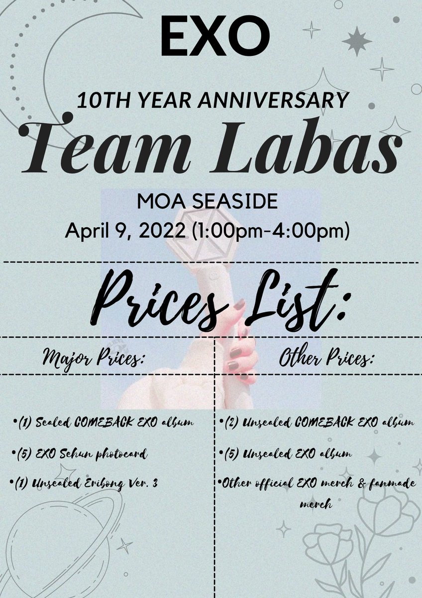 teamlabas_phixo's tweet photo. Hi Team Labas✨

Eto ang ating mga Prices List, and yung iba is TBA pa😌. See you soon Team Labas💓

#PHIXOTEAMLABAS
#EXO10thYearEventPH 
@weareoneEXO https://t.co/fhix2jNiV5