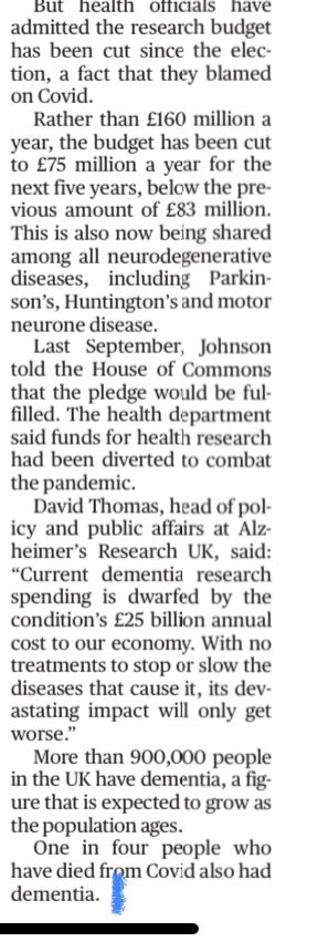 Ben_Spencer's tweet photo. The government has quietly dropped its manifesto ‘dementia moonshot’ pledge to double research funding. Officials admit the budget is now £75m a year over the next five years - DOWN from £83m when the promise was made in 2019. Story in today’s @thesundaytimes https://t.co/djkHC0SZTE