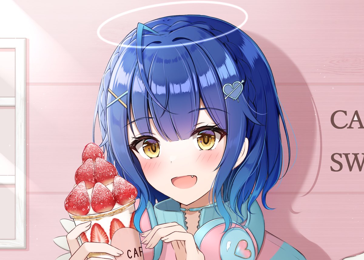 1girl hair ornament food solo blue hair strawberry fang  illustration images