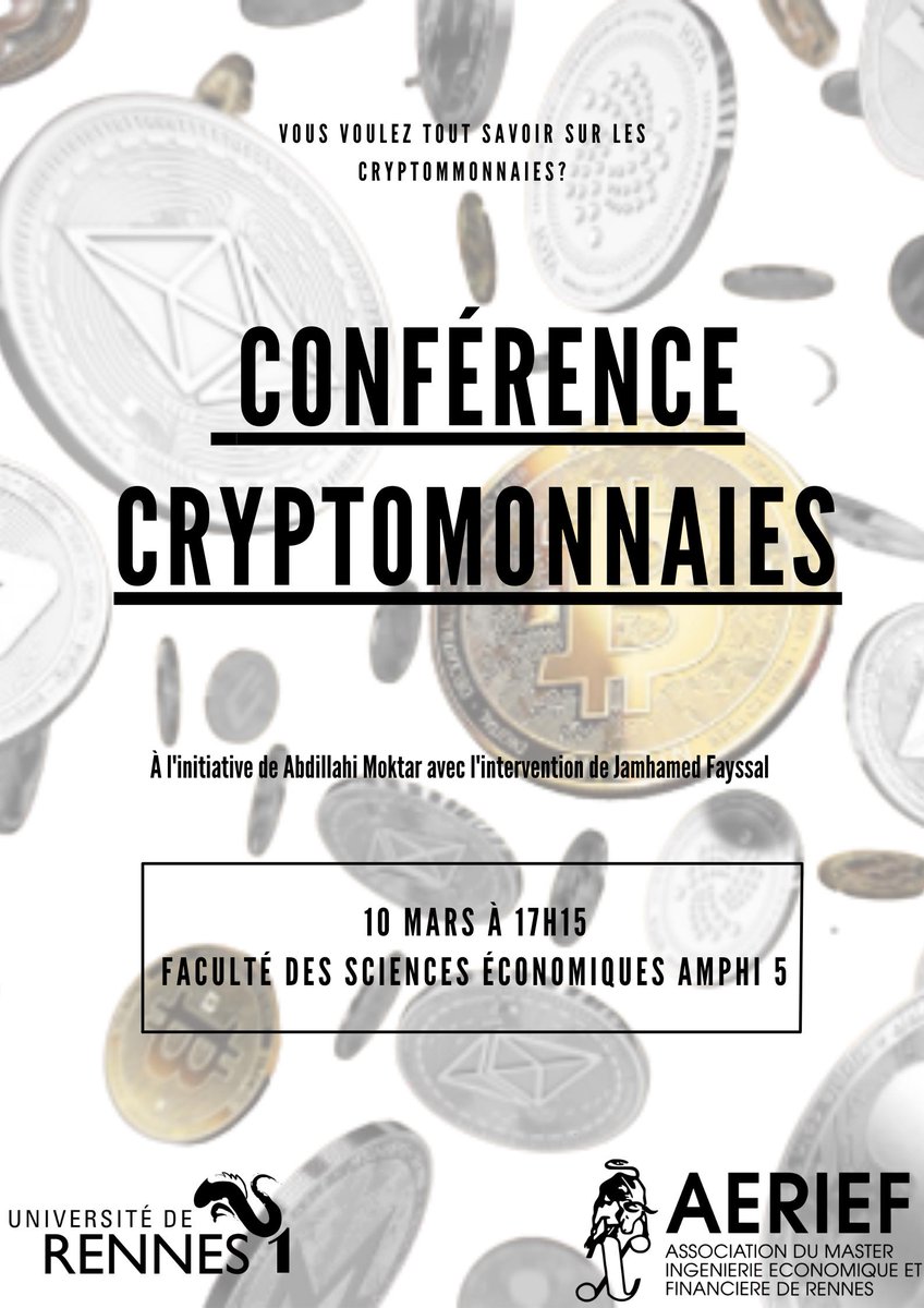 AERIEF4's tweet photo. Nous organisons une conférence sur le thème des Cryptomonnaies 📊
Nous vous donnons rendez-vous le Jeudi 10 Mars à 17h15 avec l’intervention de Fayssal Jamhamed ☄️
#BLOCKCHAIN #CRYPTOMONNAIES #NFT #METAVERS https://t.co/8R3jnMwdrS